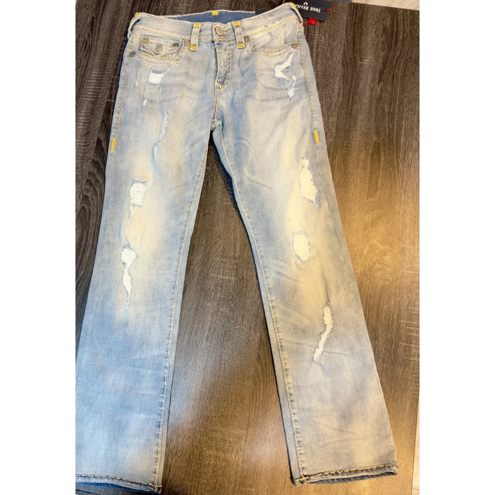 NWT True Religion Ricky Super T Flap Jeans Size‎ 31 Light Wash Distressed $299